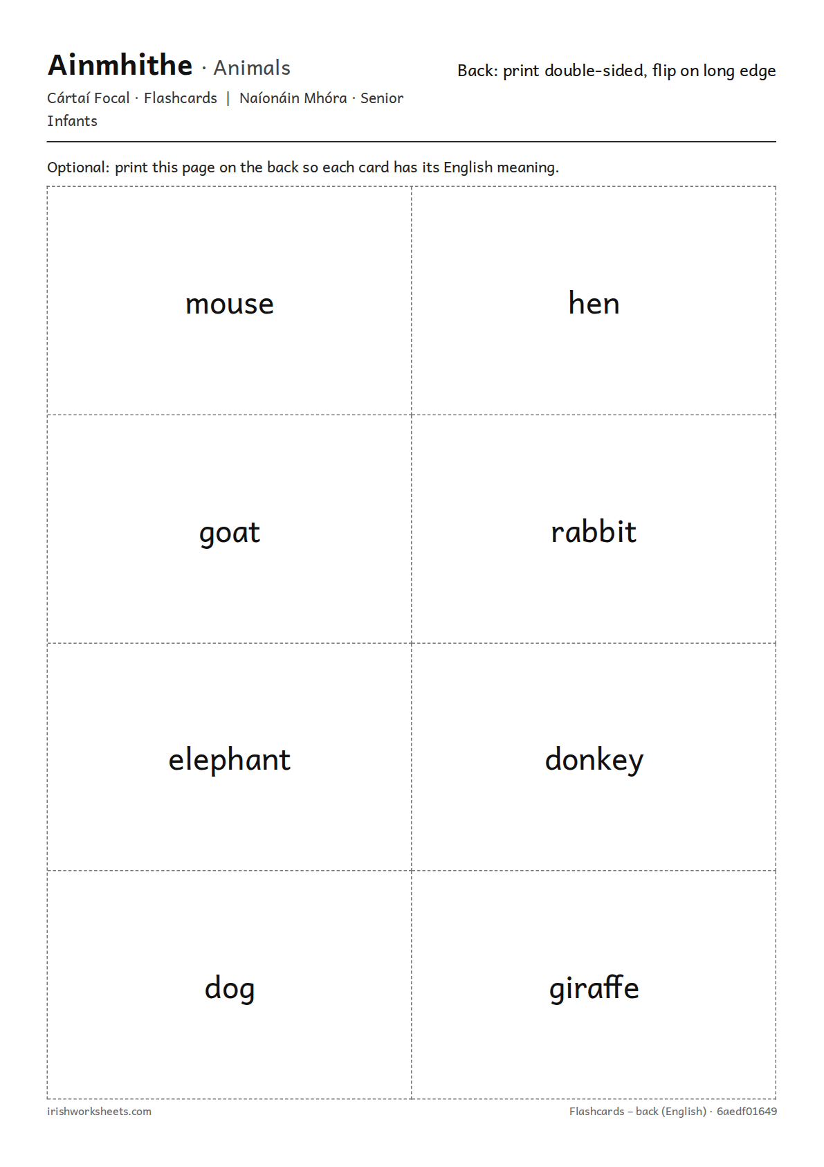 Back of the cards (English) for the animals flashcards