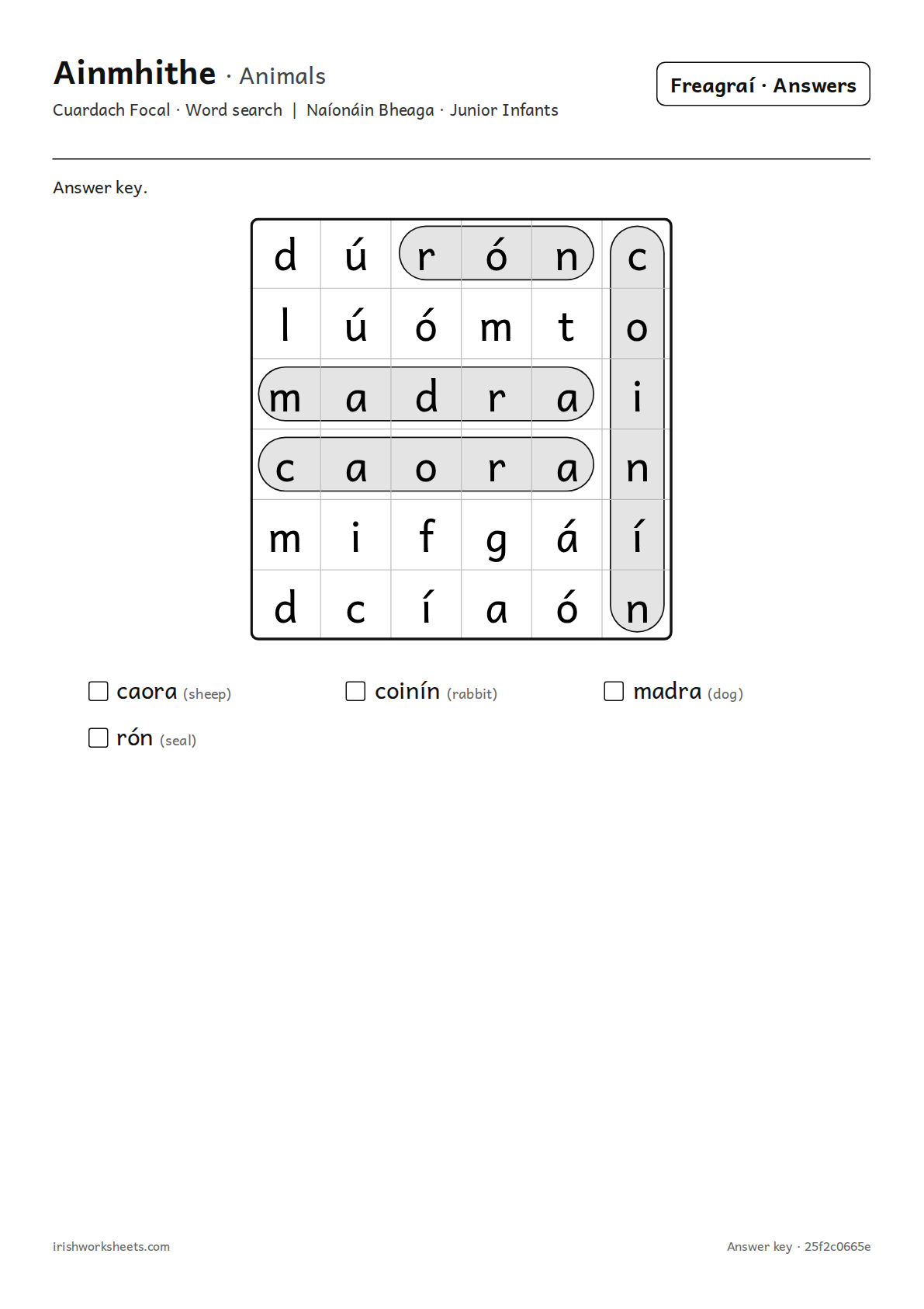 Answer key for the animals word search