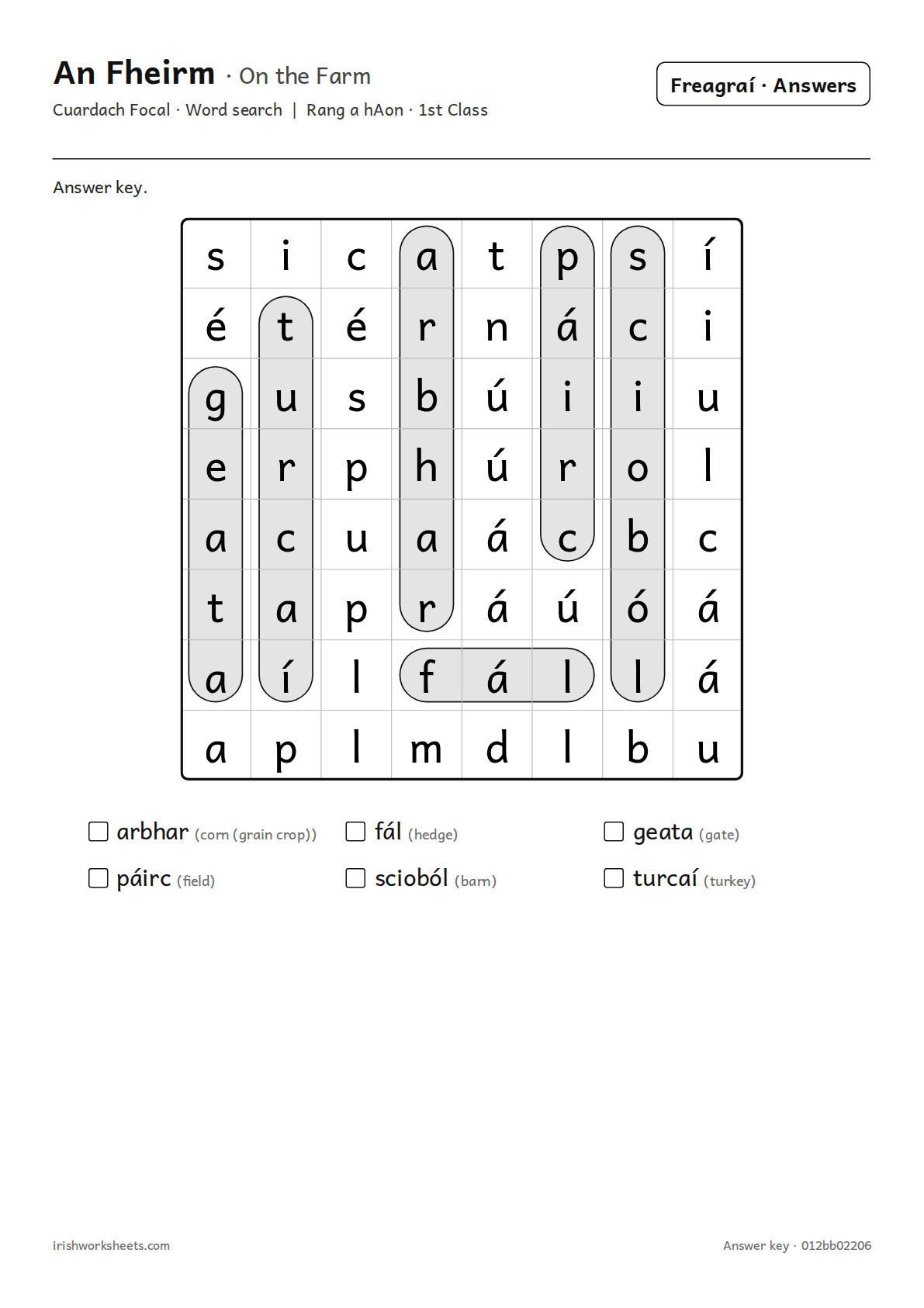 Answer key for the on the farm word search