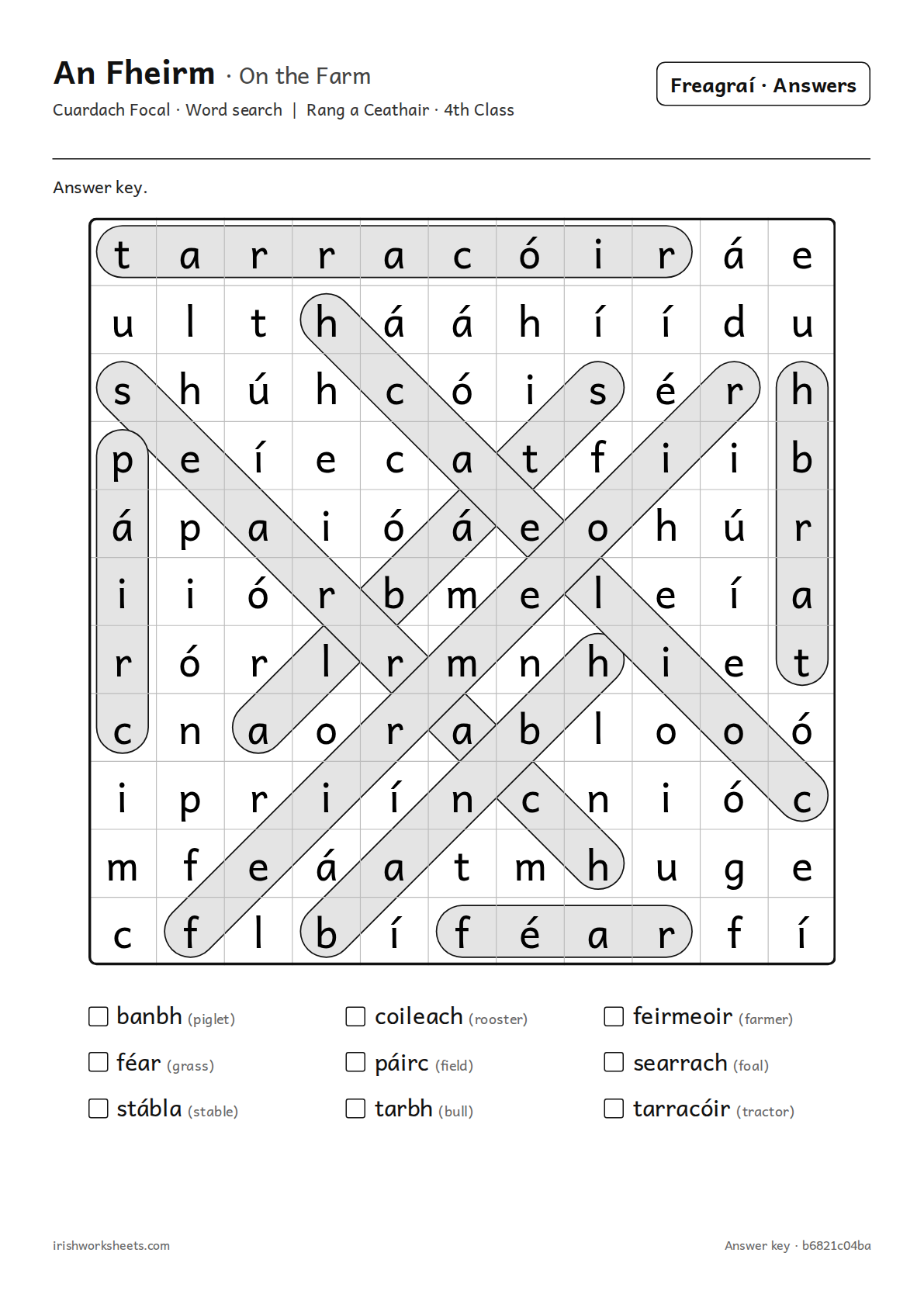 Answer key for the on the farm word search