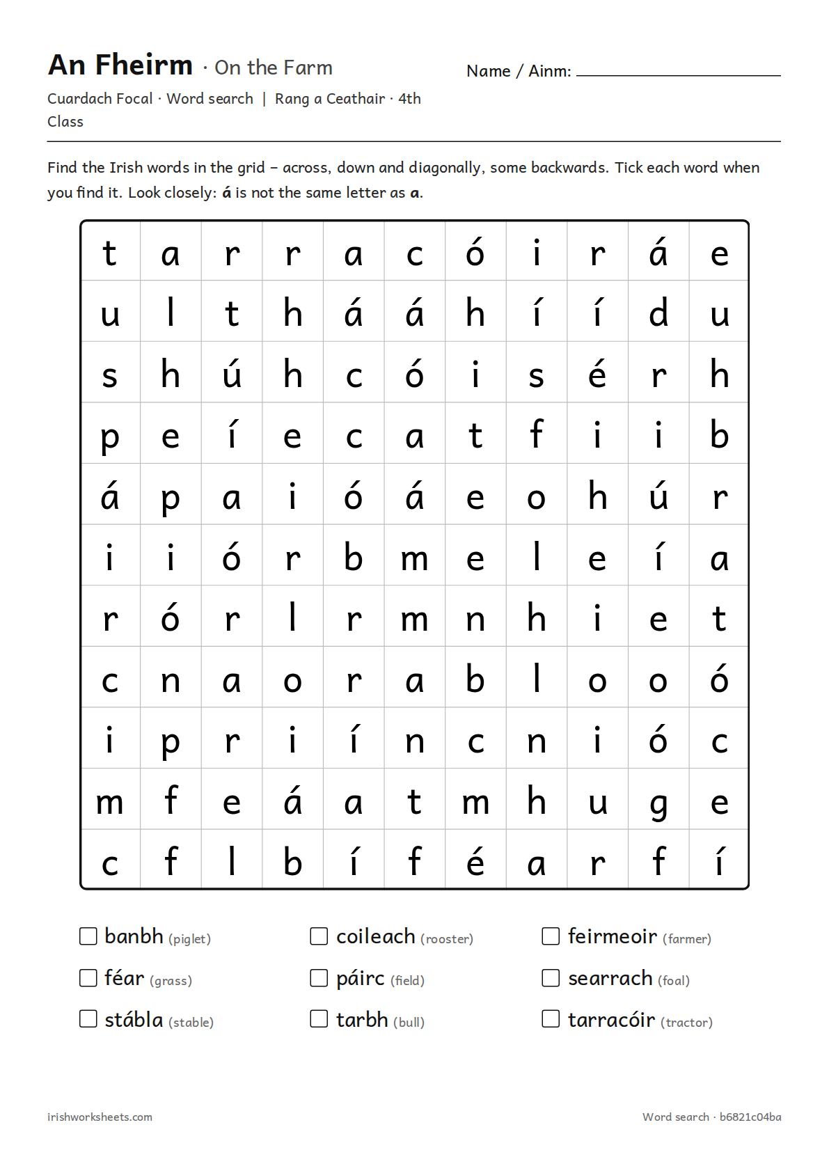 Preview of the on the farm word search worksheet