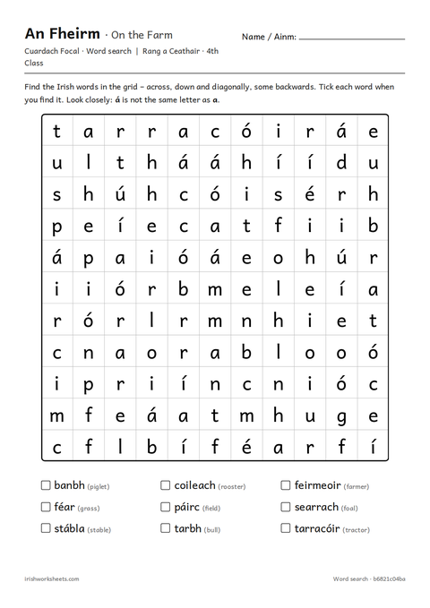 Preview of the on the farm word search worksheet
