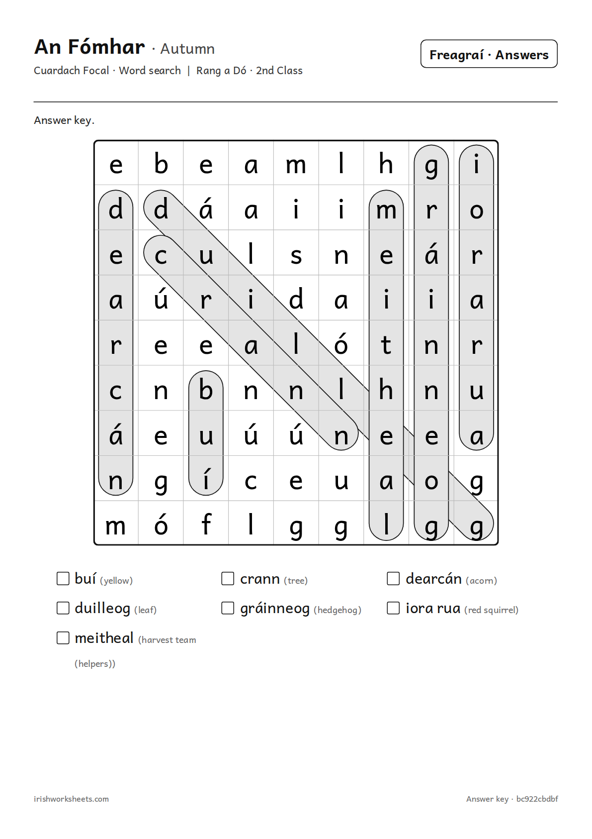 Answer key for the autumn word search