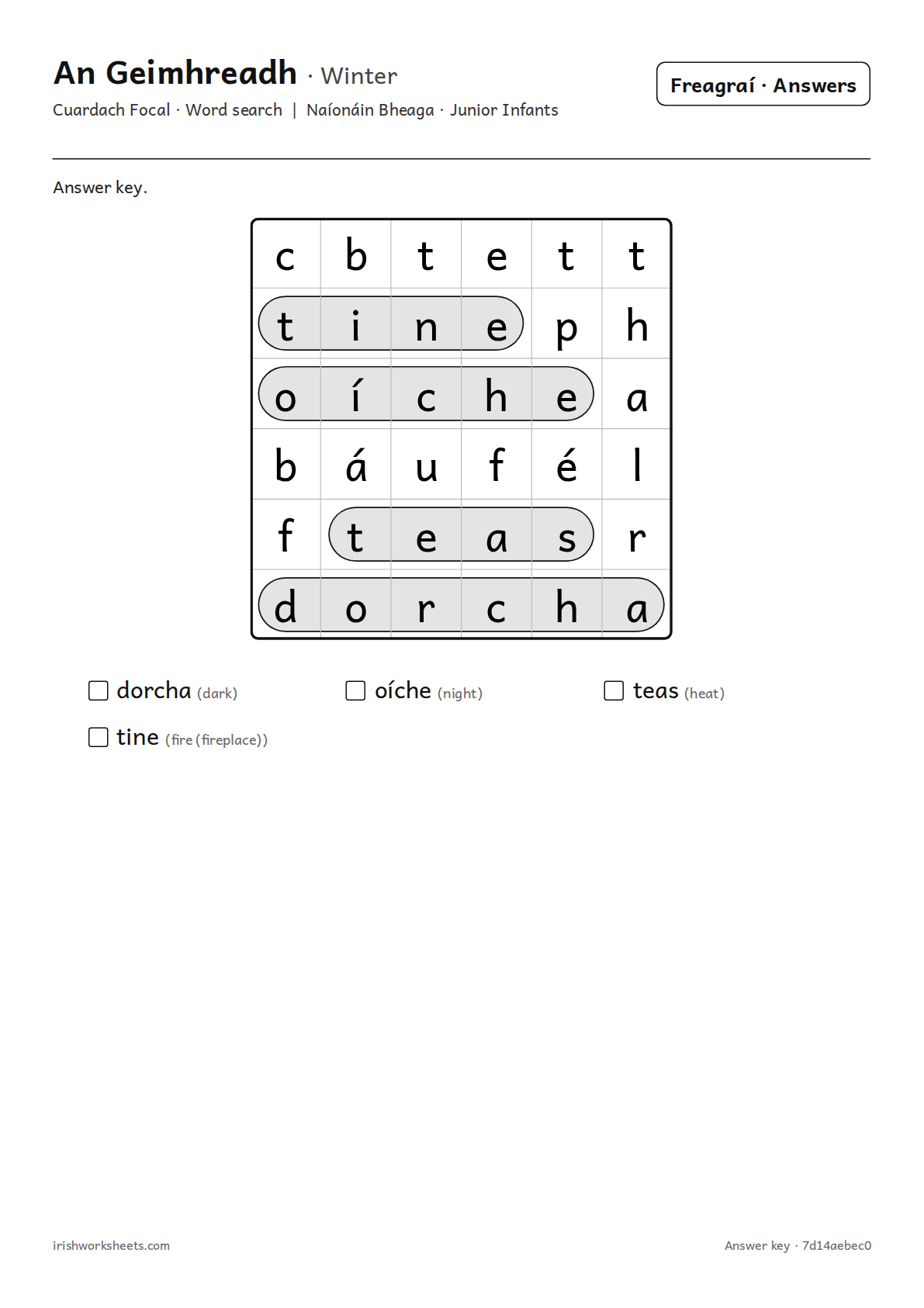 Answer key for the winter word search