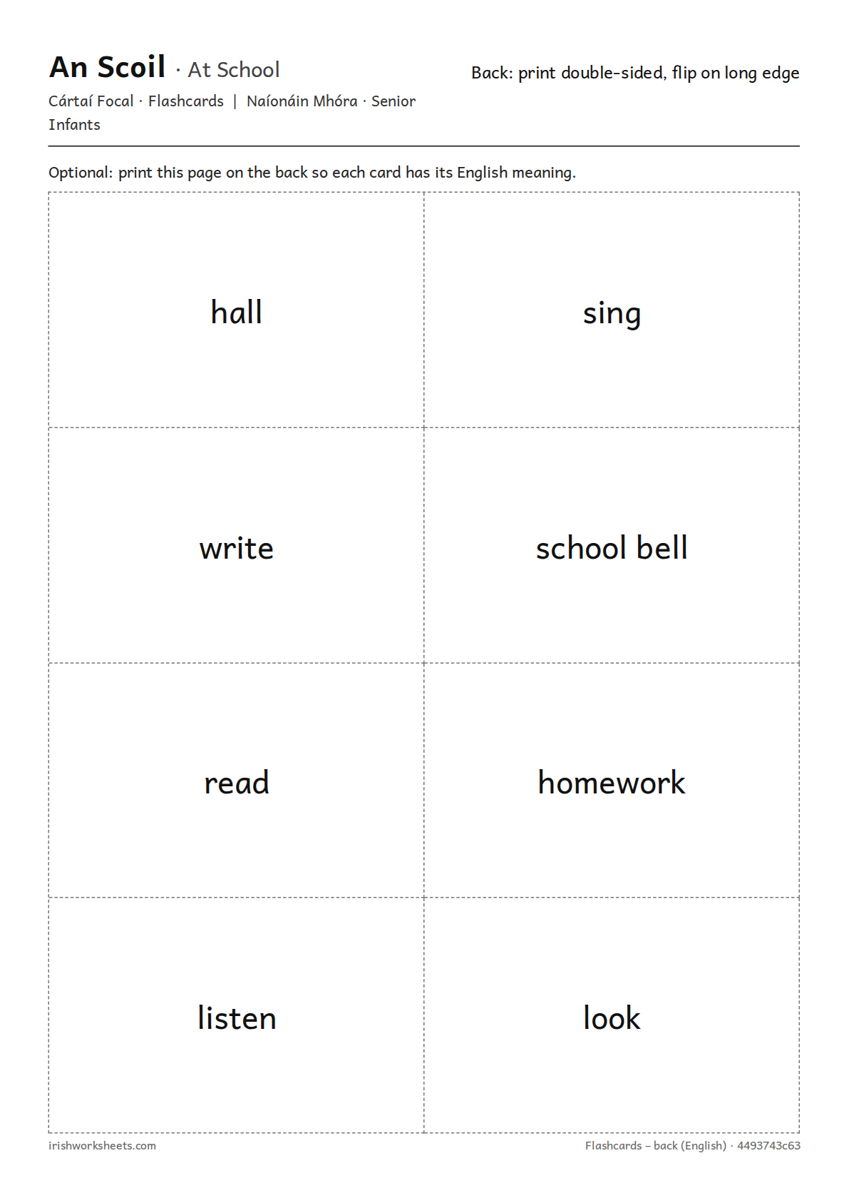 Back of the cards (English) for the at school flashcards