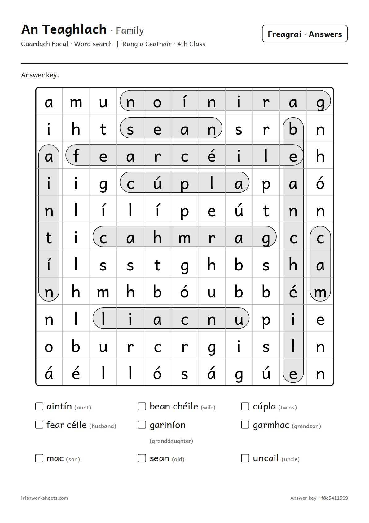 Answer key for the family word search