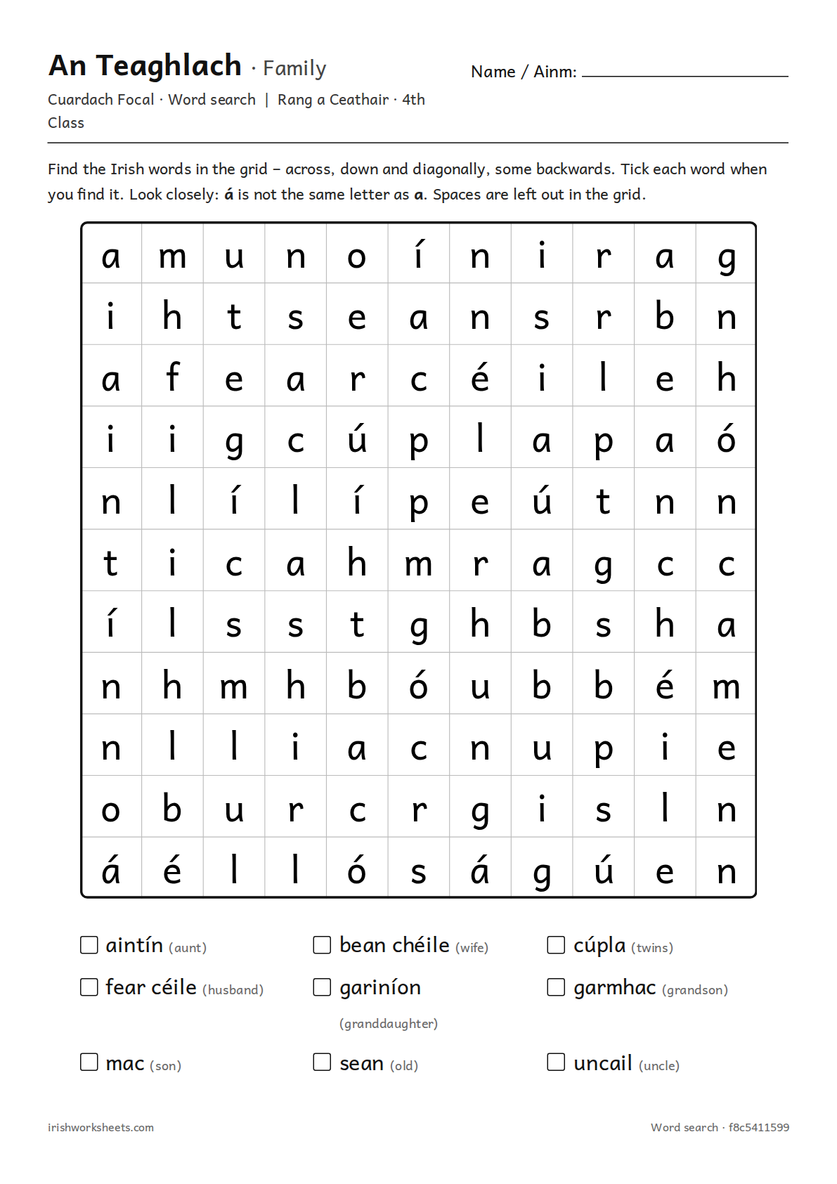 Preview of the family word search worksheet