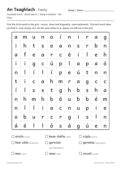 Preview of the family word search worksheet
