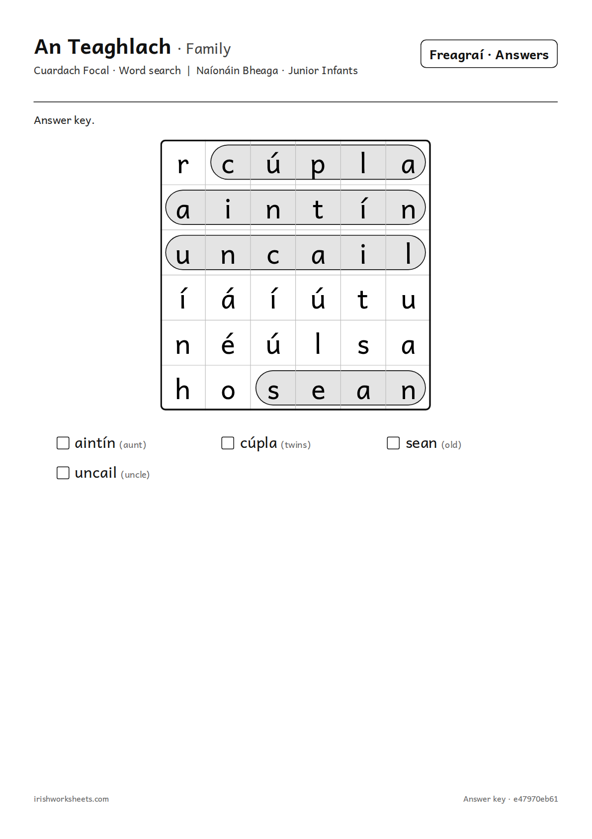 Answer key for the family word search