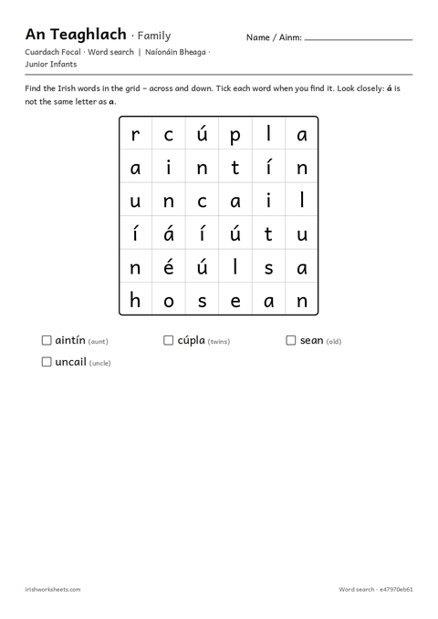 Preview of the family word search worksheet