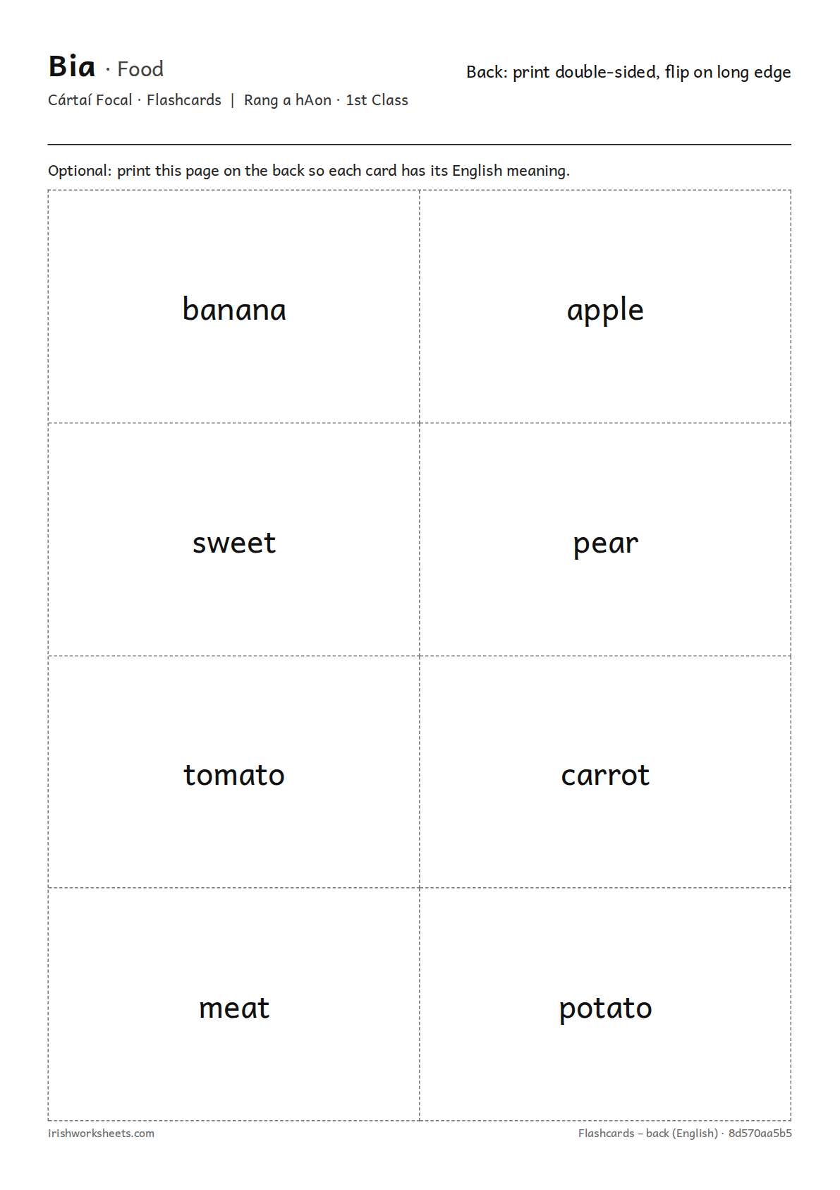 Back of the cards (English) for the food flashcards