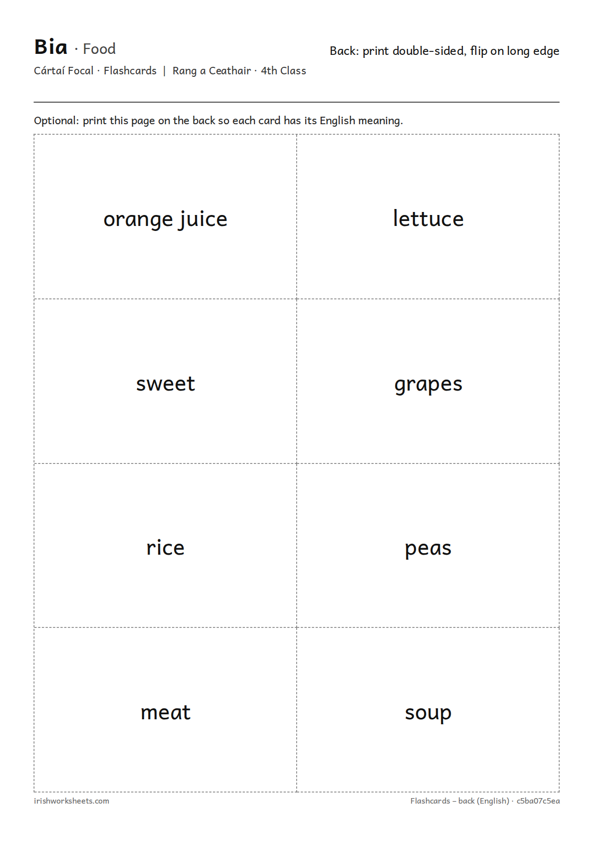 Back of the cards (English) for the food flashcards