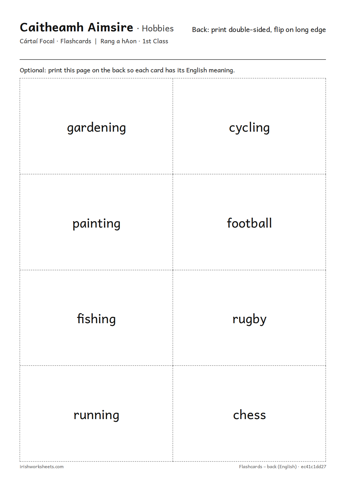 Back of the cards (English) for the hobbies flashcards