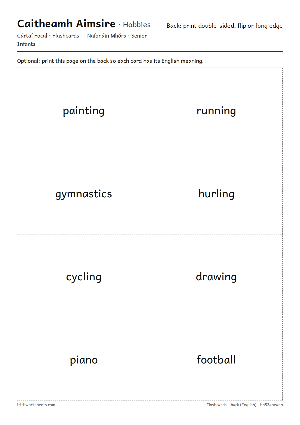 Back of the cards (English) for the hobbies flashcards
