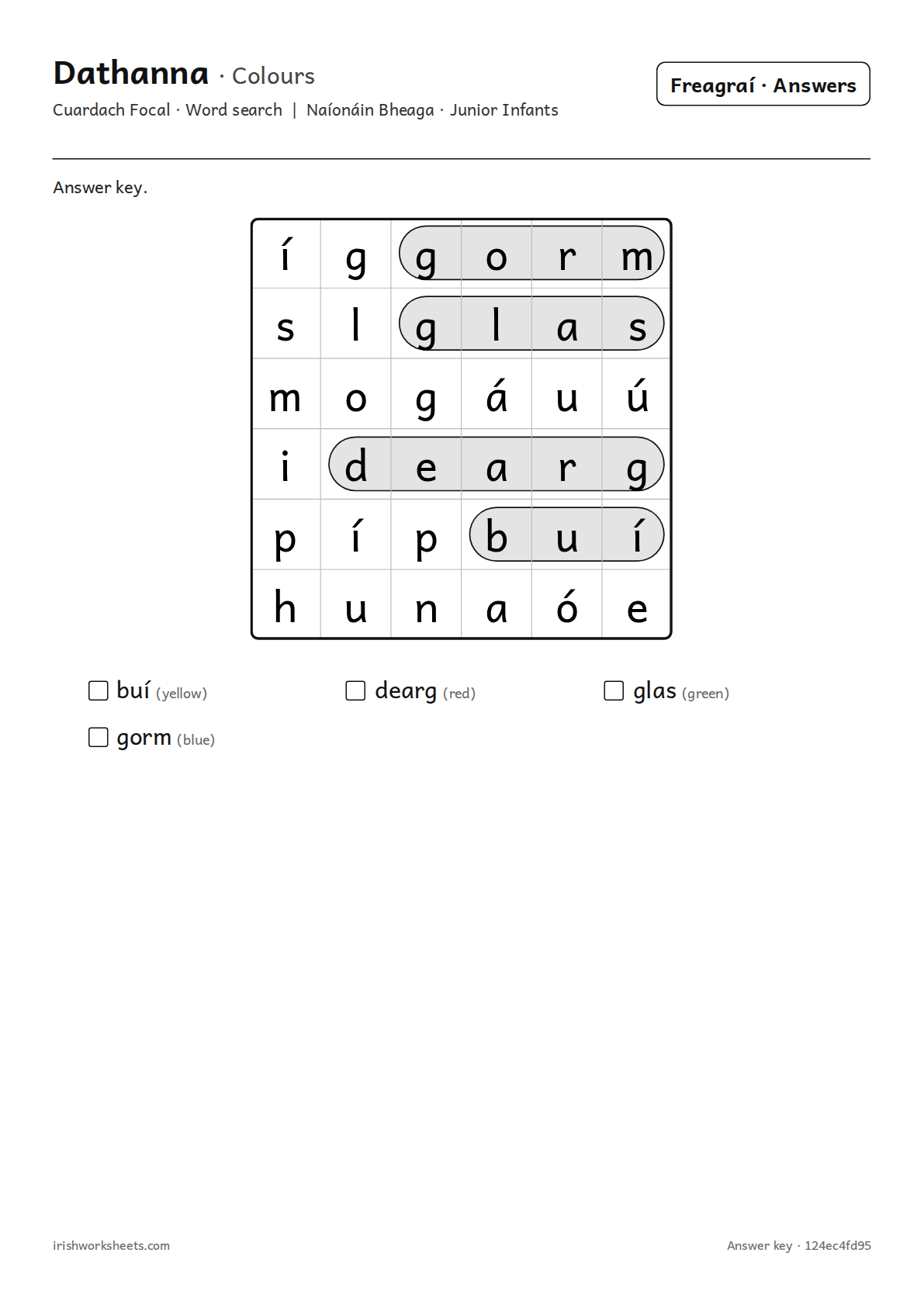 Answer key for the colours word search