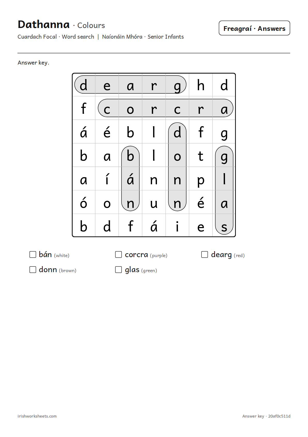 Answer key for the colours word search
