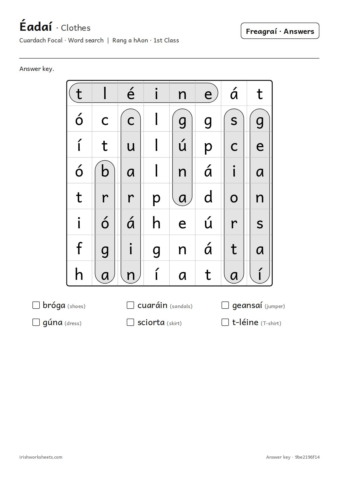 Answer key for the clothes word search