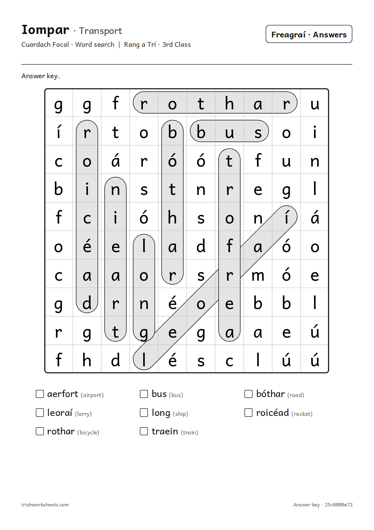 Answer key for the transport word search
