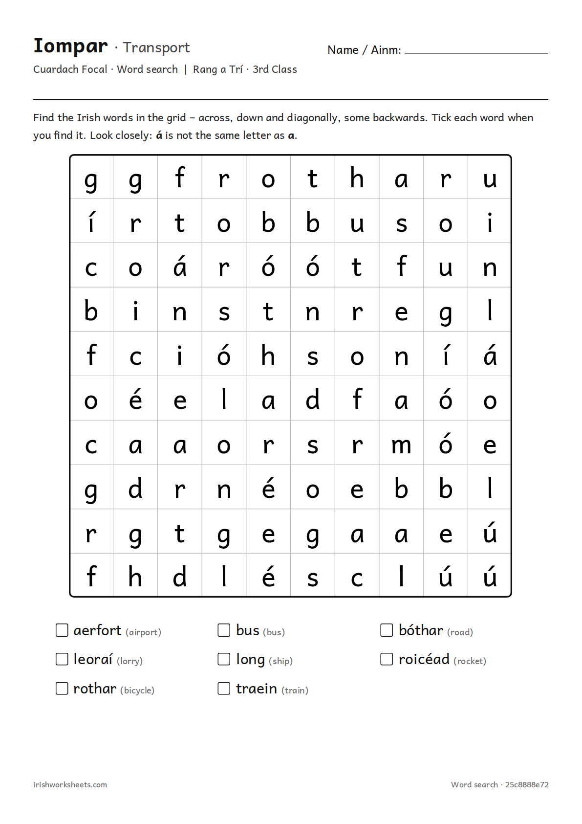 Preview of the transport word search worksheet
