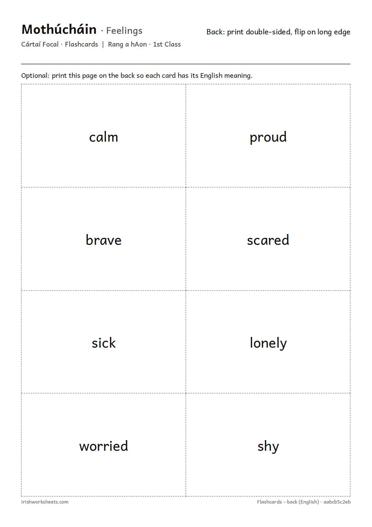 Back of the cards (English) for the feelings flashcards