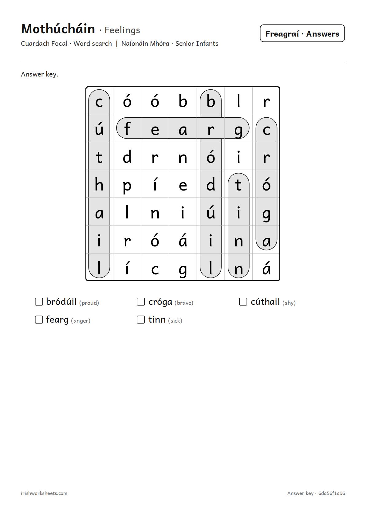 Answer key for the feelings word search