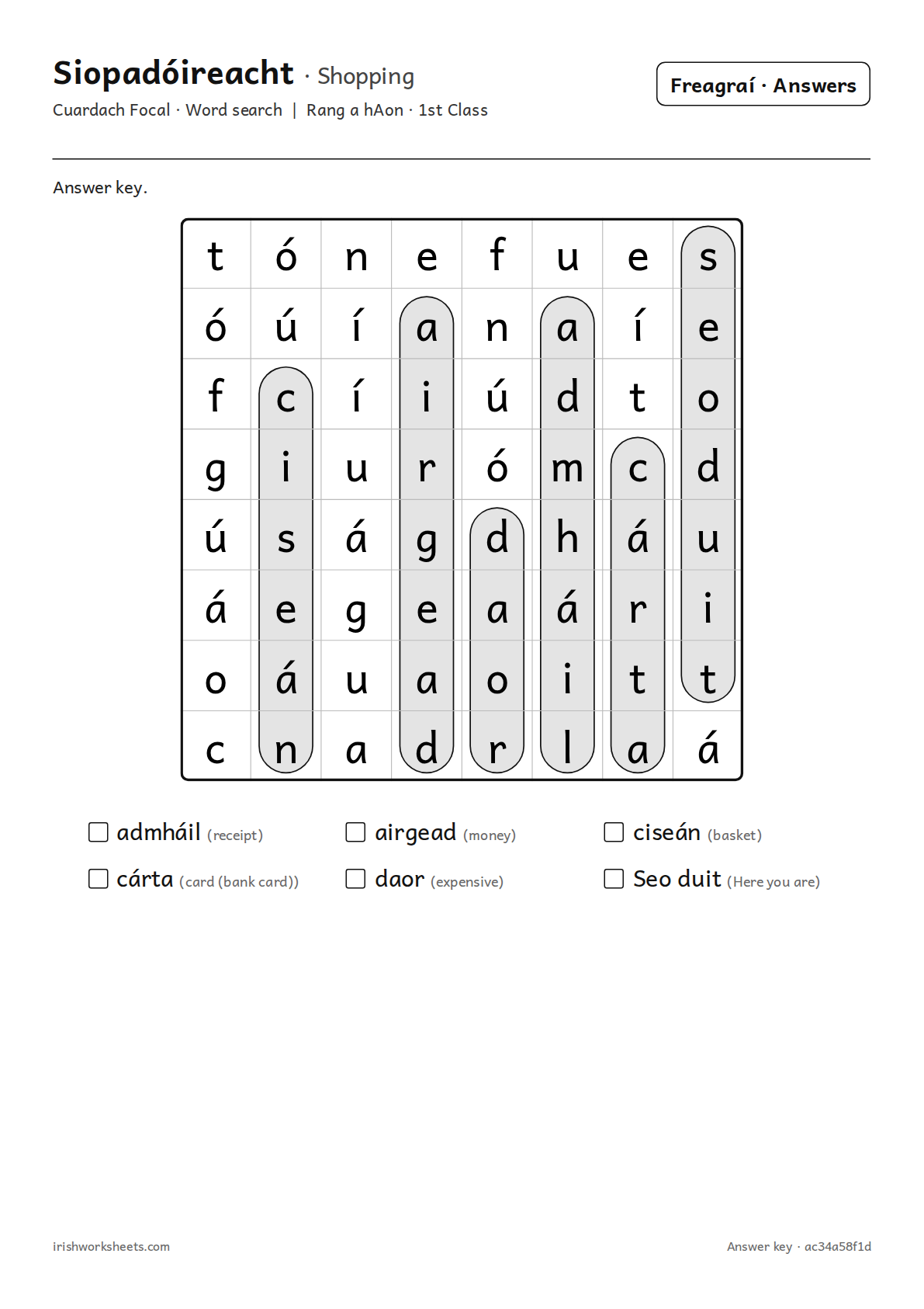 Answer key for the shopping word search