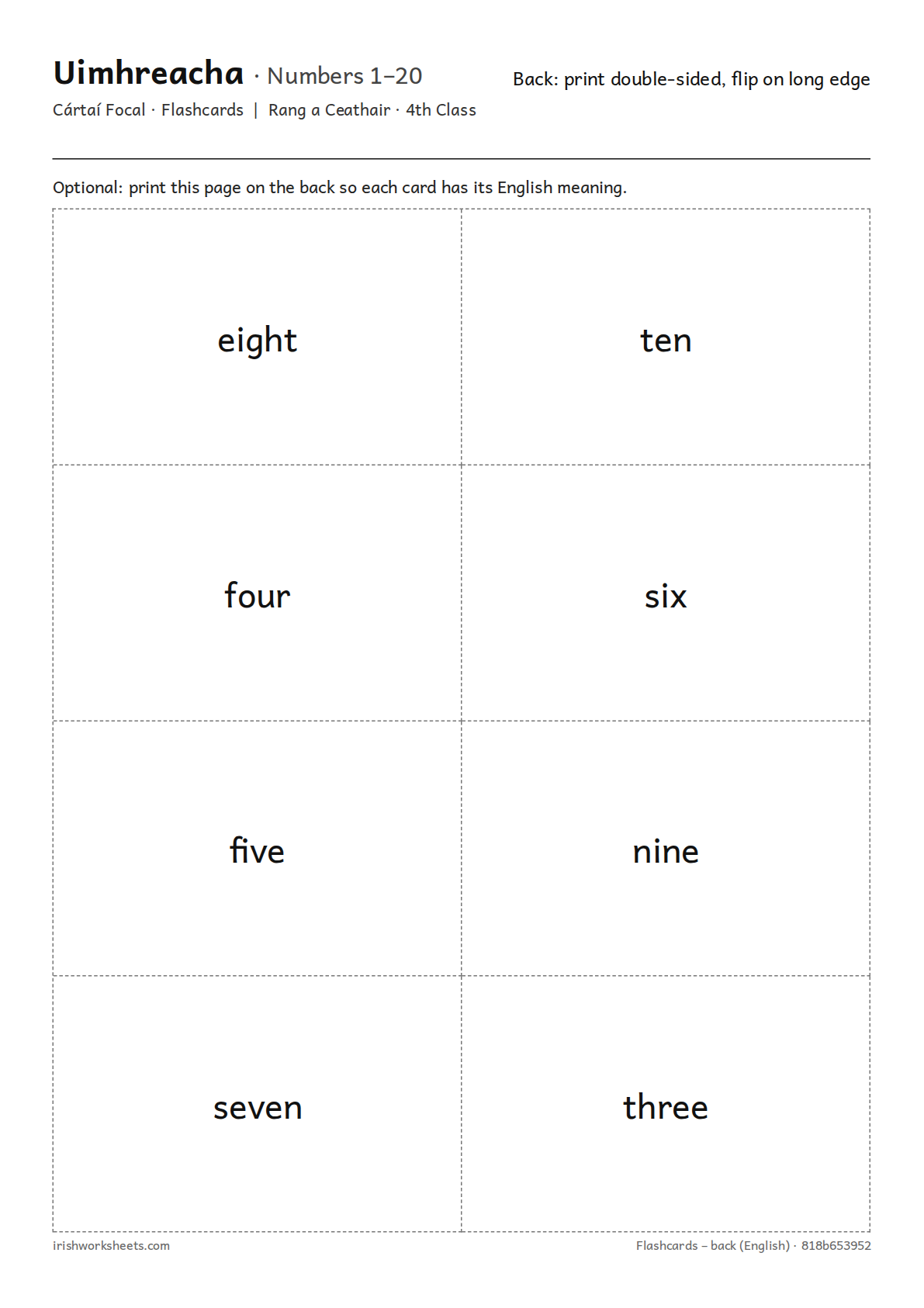 Back of the cards (English) for the numbers 1–20 flashcards