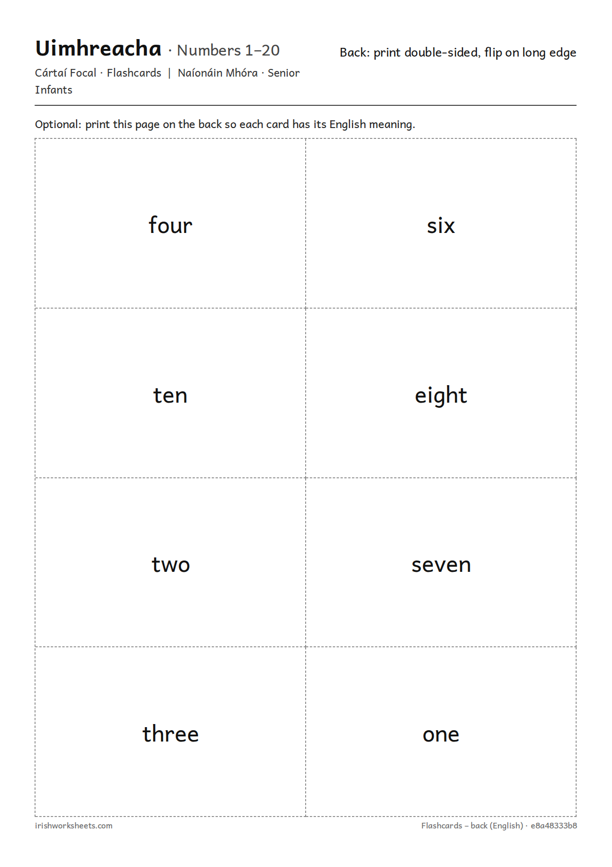Back of the cards (English) for the numbers 1–20 flashcards